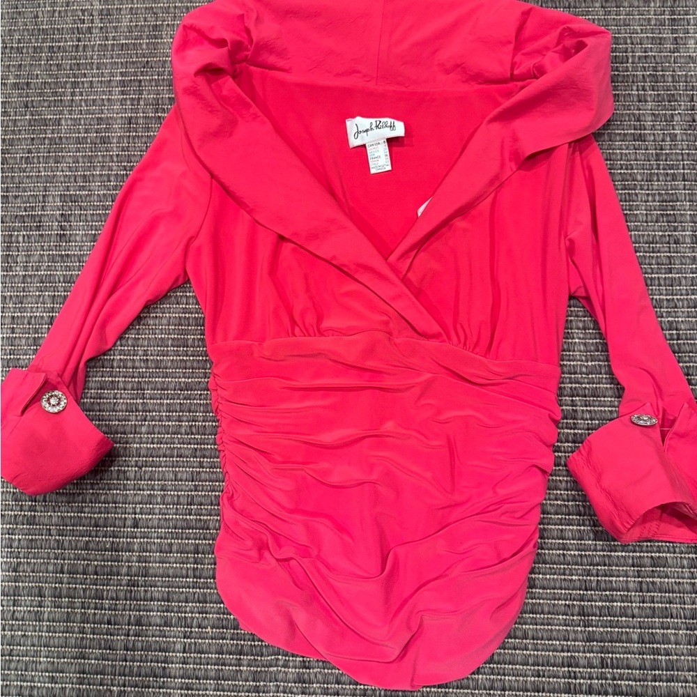 Joseph Ribkoff Deep V Rouched Vibrant Pink Blouse